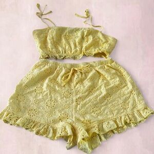 SHEIN 100%Cotton Light Yellow Eyelet Two-Piece Set